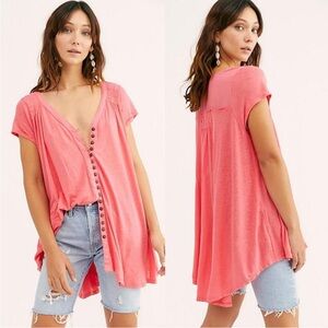 Free People Highland Linen Blend Azalea Pink Button Tunic Top M